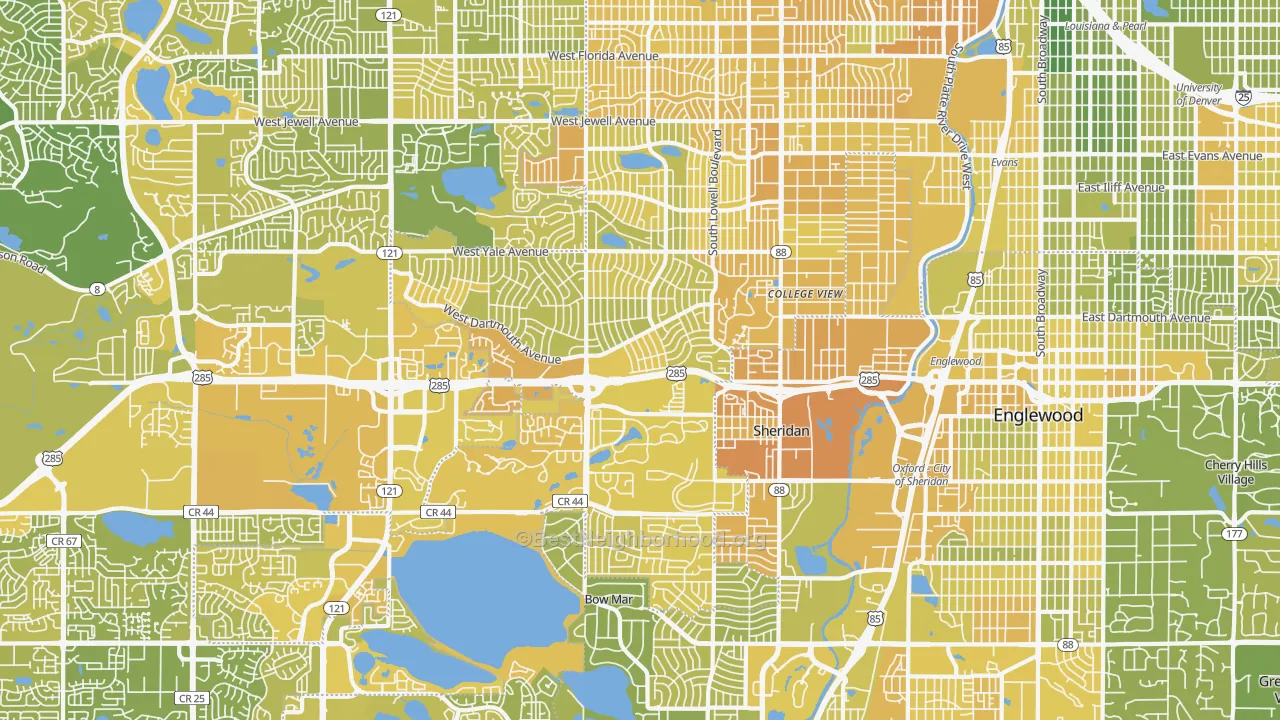 Map of the best neighborhoods in the Southwestern Denver, Denver area, with better matches in green and worse matches in red