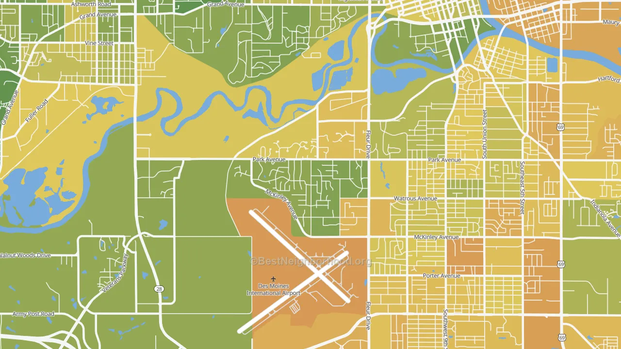 Map of the best neighborhoods in the Southwestern Hills, Des Moines area, with better matches in green and worse matches in red
