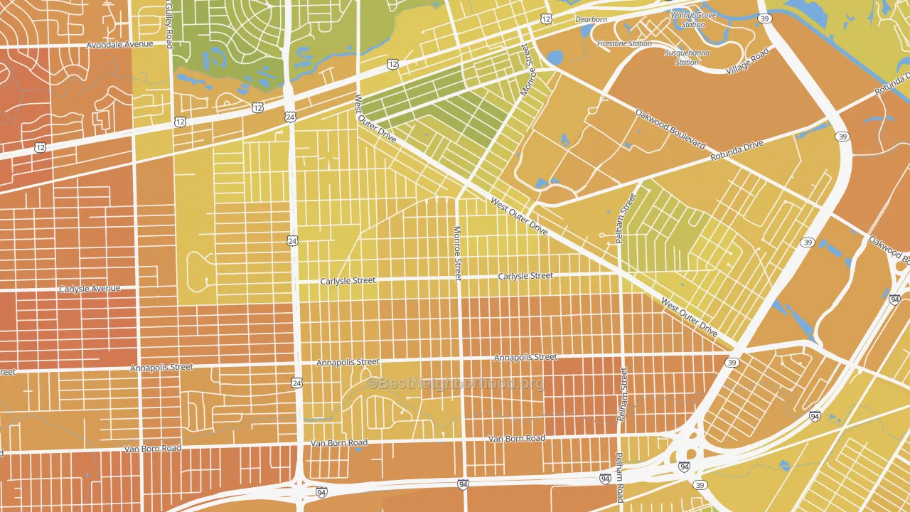 Map of the best neighborhoods in the Southwestern Outer Drive, Dearborn area, with better matches in green and worse matches in red