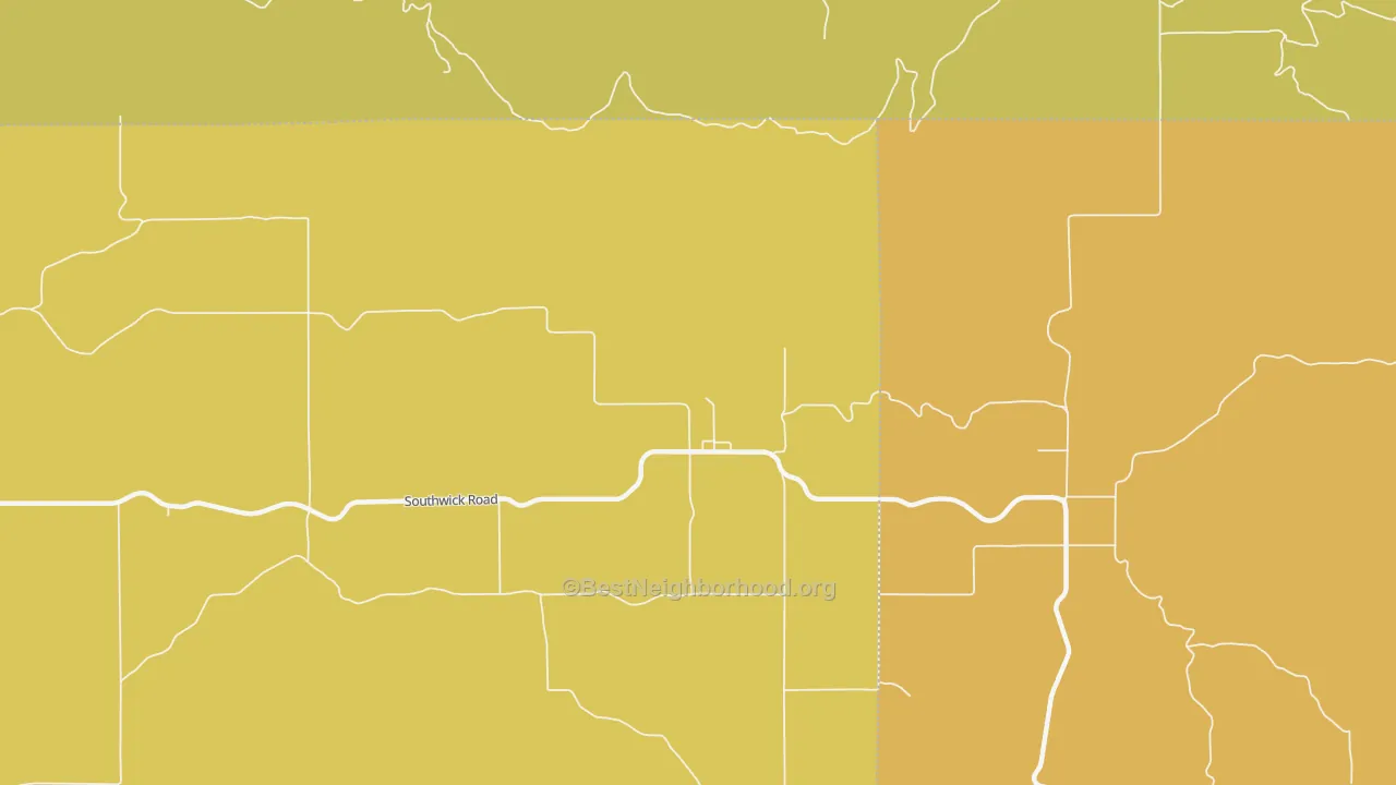 Map of the best neighborhoods in the Southwick area, with better matches in green and worse matches in red