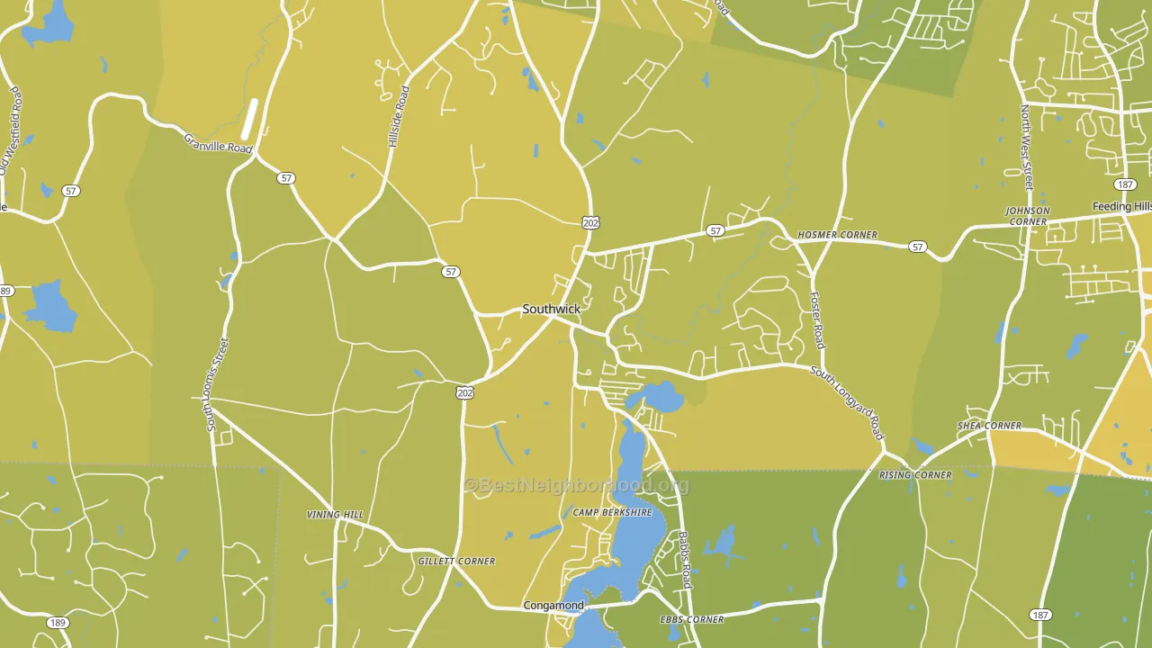 Map of the best neighborhoods in the Southwick area, with better matches in green and worse matches in red