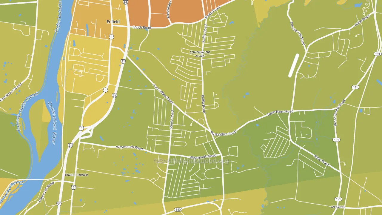 Map of the best neighborhoods in the Southwood Acres area, with better matches in green and worse matches in red