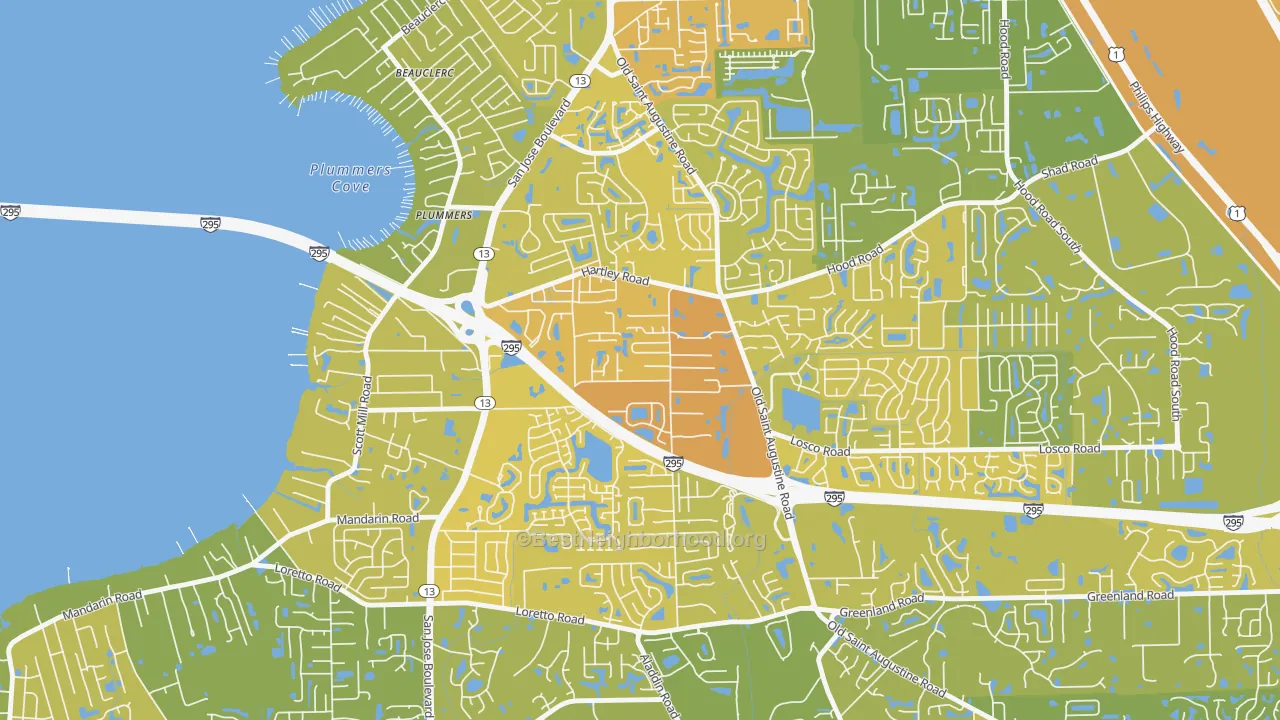 Map of the best neighborhoods in the Southwood, Jacksonville area, with better matches in green and worse matches in red