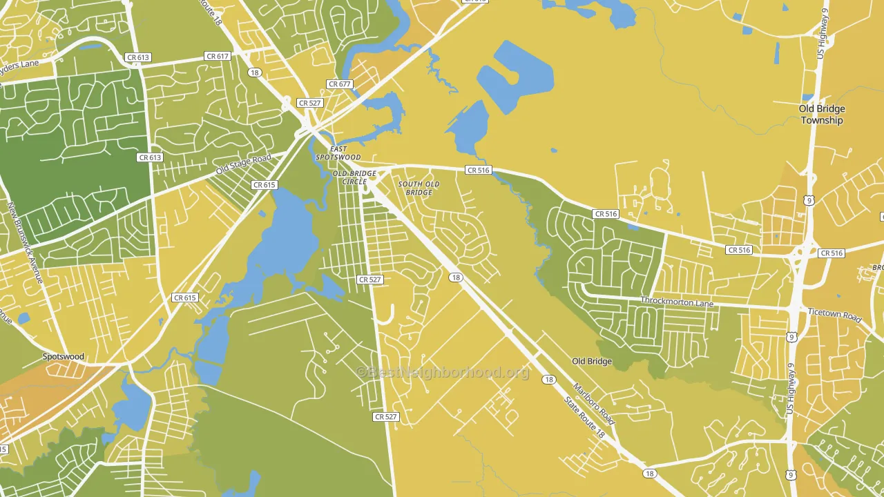 Map of the best neighborhoods in the Southwood, Old Bridge area, with better matches in green and worse matches in red