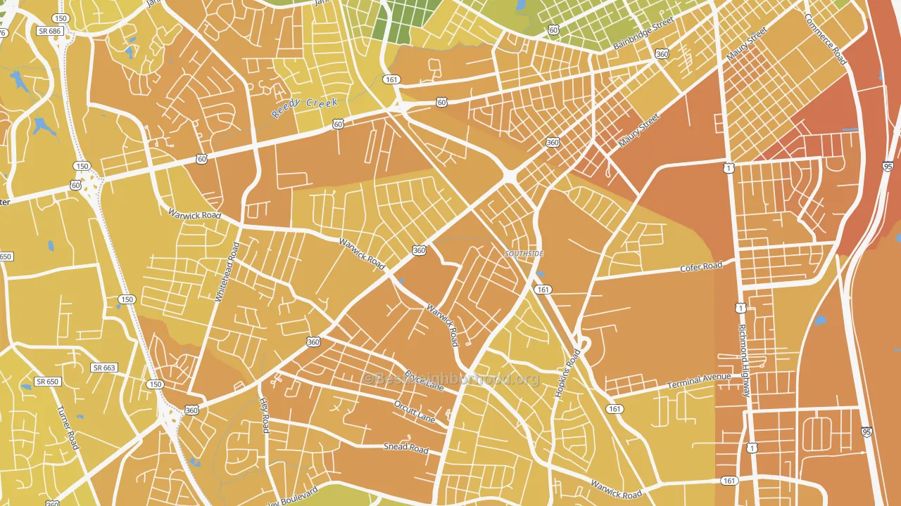 Map of the best neighborhoods in the Southwood, Richmond area, with better matches in green and worse matches in red