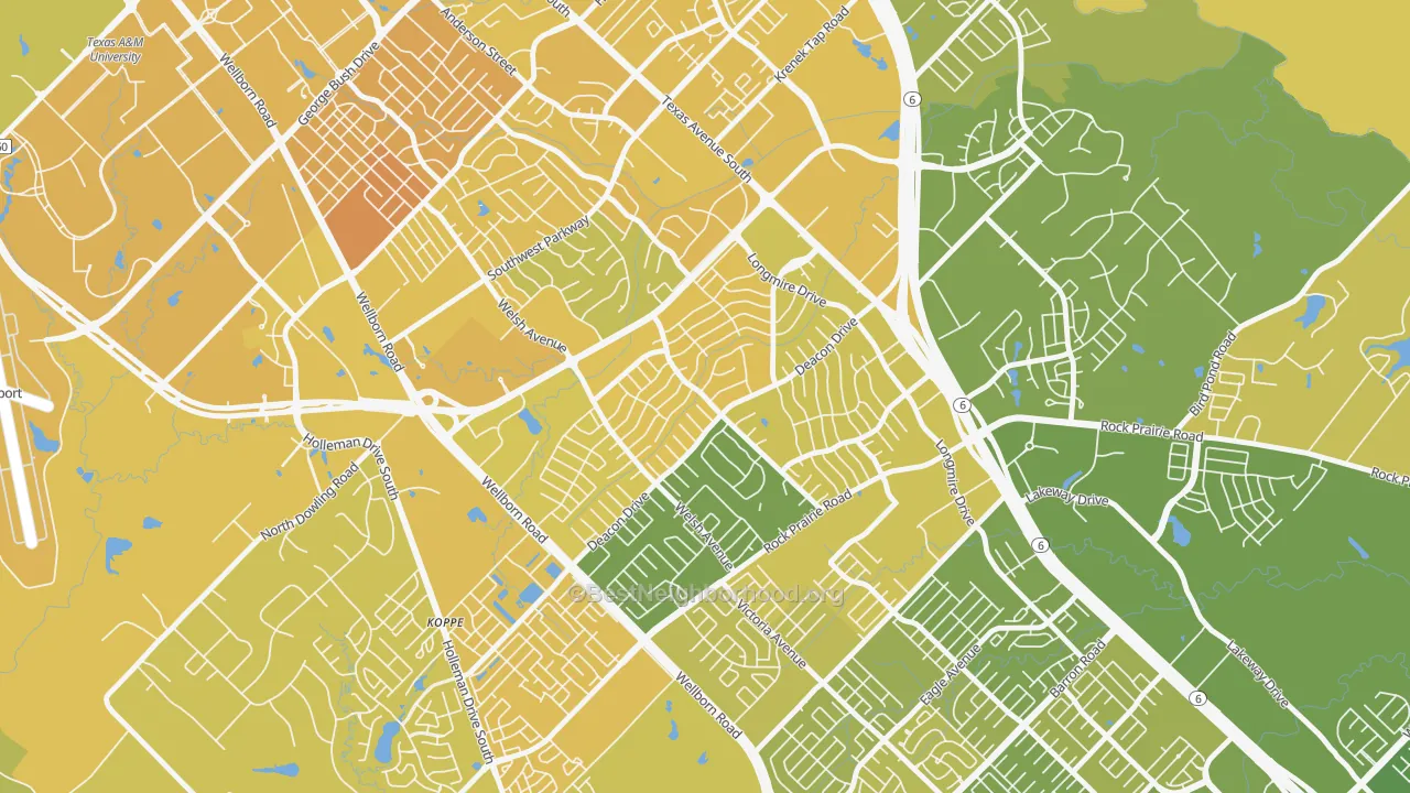 Map of the best neighborhoods in the Southwood Valley, College Station area, with better matches in green and worse matches in red