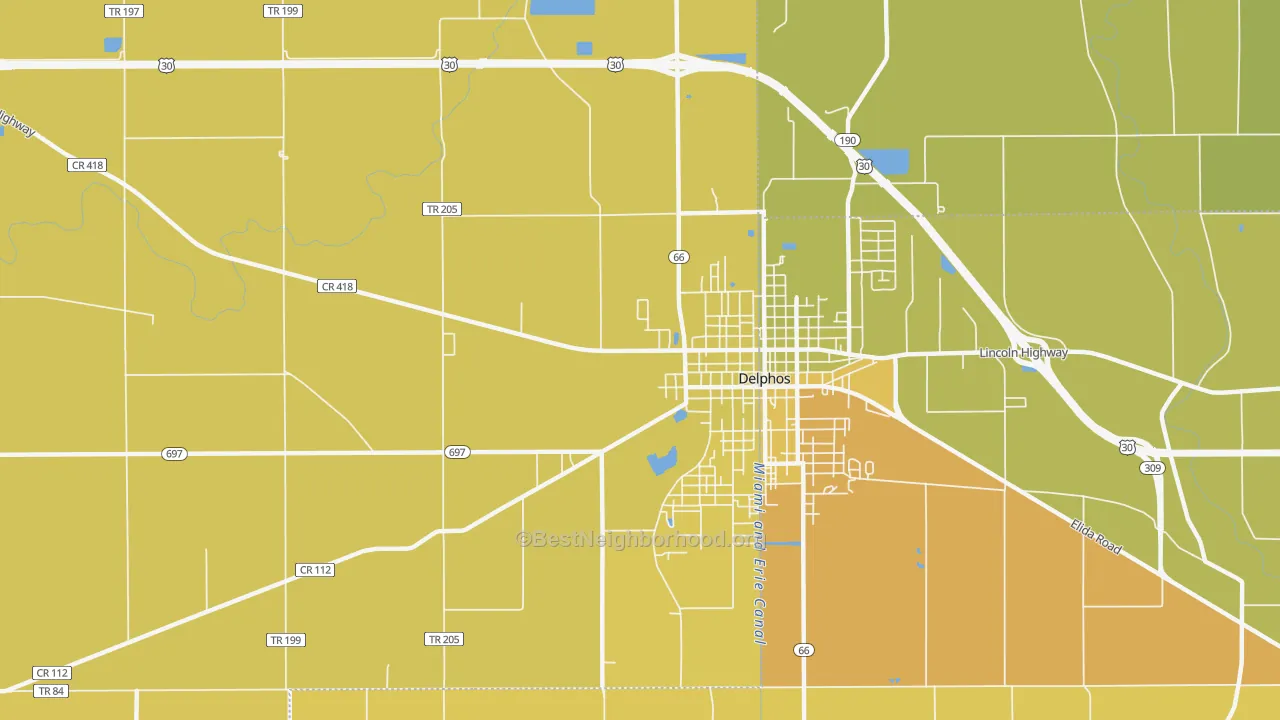 Map of the best neighborhoods in the Southworth area, with better matches in green and worse matches in red