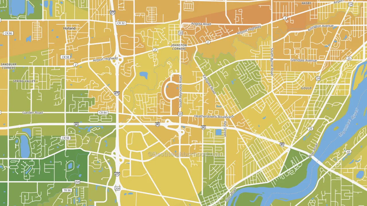 Map of the best neighborhoods in the Southwyck, Toledo area, with better matches in green and worse matches in red
