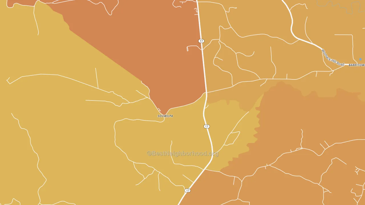Map of the best neighborhoods in the Souwilpa area, with better matches in green and worse matches in red