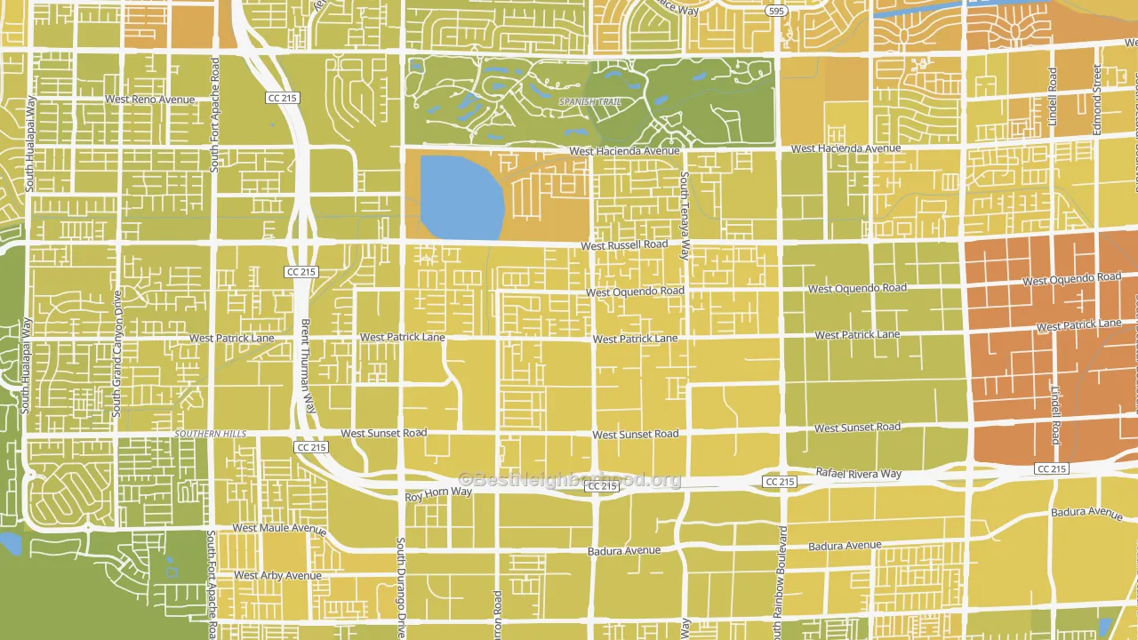 Map of the best neighborhoods in the Sovana, Spring Valley area, with better matches in green and worse matches in red