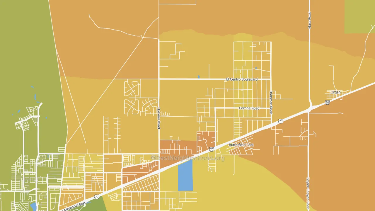 Map of the best neighborhoods in the Spaceport City area, with better matches in green and worse matches in red