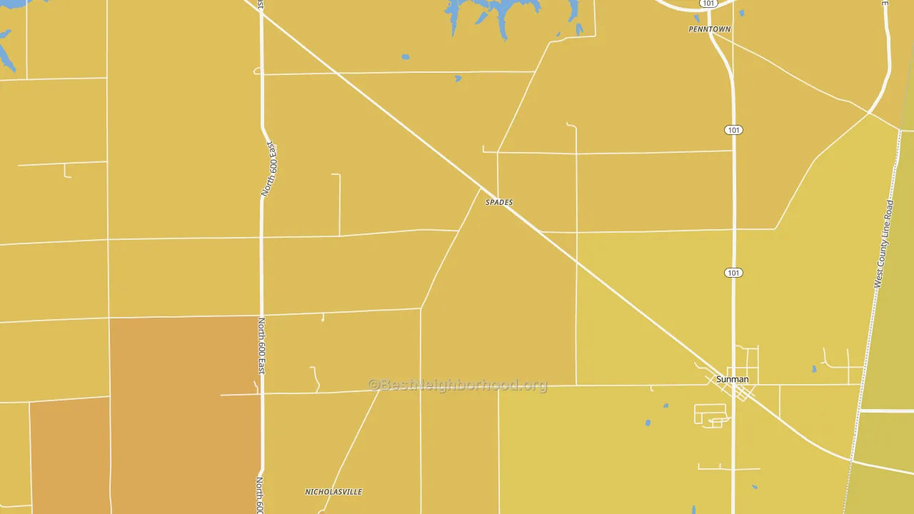 Map of the best neighborhoods in the Spades area, with better matches in green and worse matches in red