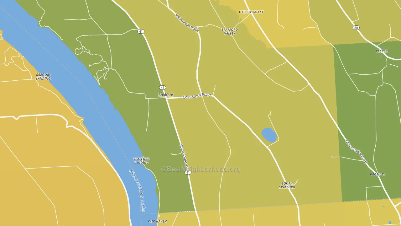Map of the best neighborhoods in the Spafford area, with better matches in green and worse matches in red
