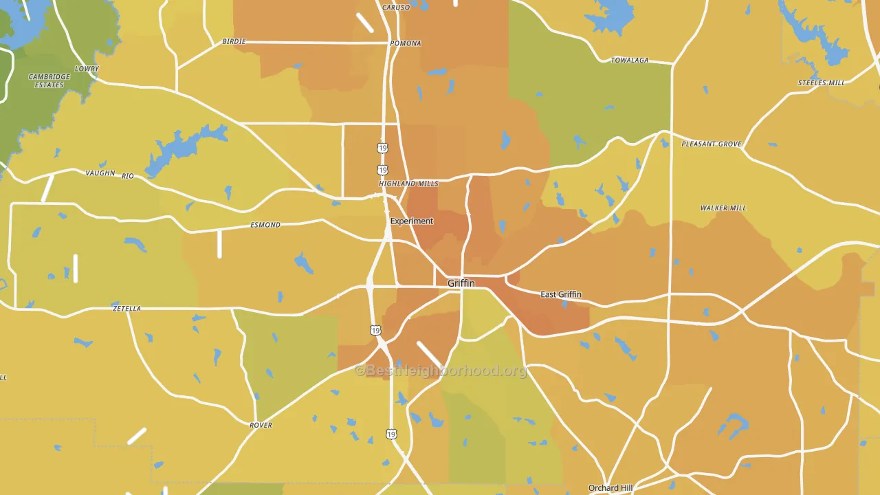 Map of the best neighborhoods in the Spalding County area, with better matches in green and worse matches in red