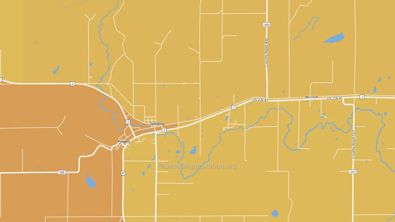 Map of the best neighborhoods in the Spalding area, with better matches in green and worse matches in red