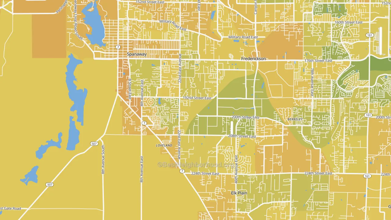 Map of the best neighborhoods in the Spanaway area, with better matches in green and worse matches in red