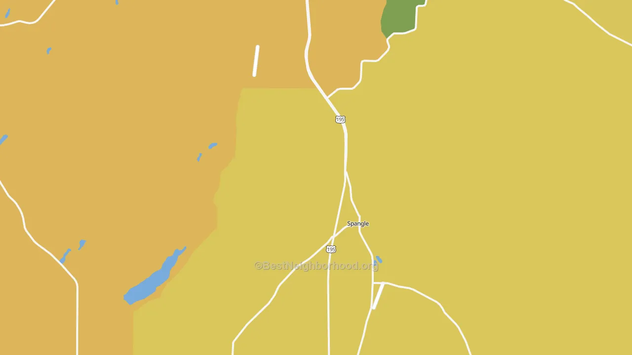 Map of the best neighborhoods in the Spangle area, with better matches in green and worse matches in red