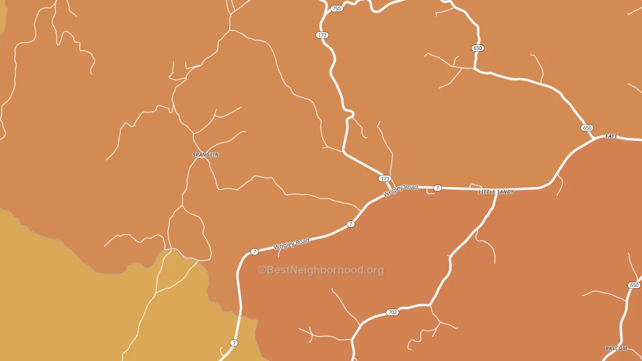 Map of the best neighborhoods in the Spanglin area, with better matches in green and worse matches in red