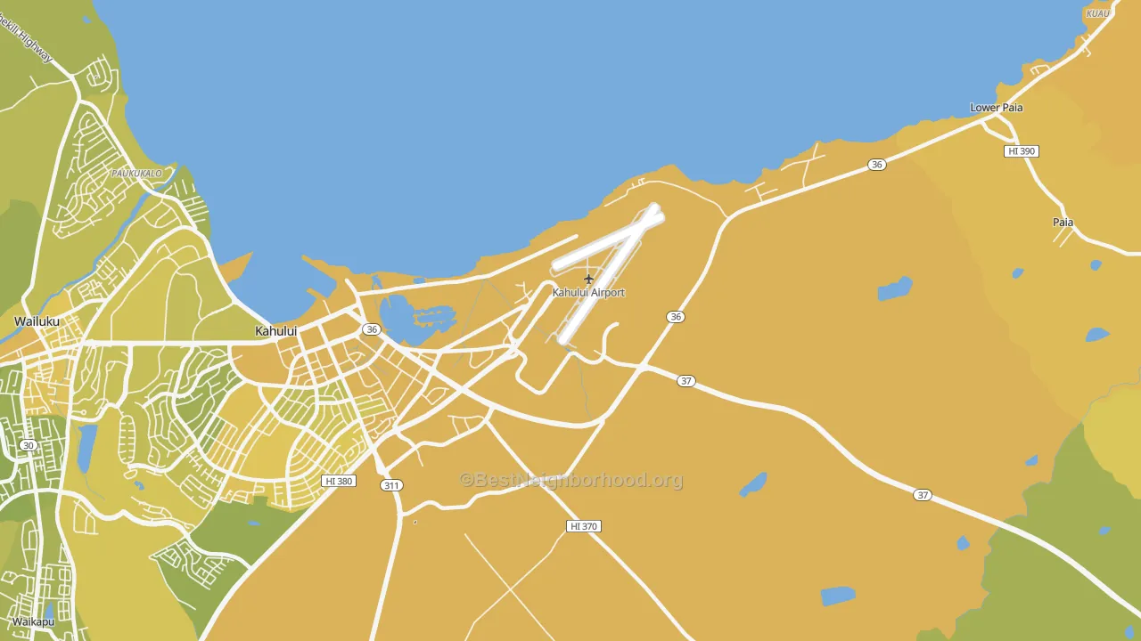 Map of the best neighborhoods in the Spanish B Village area, with better matches in green and worse matches in red