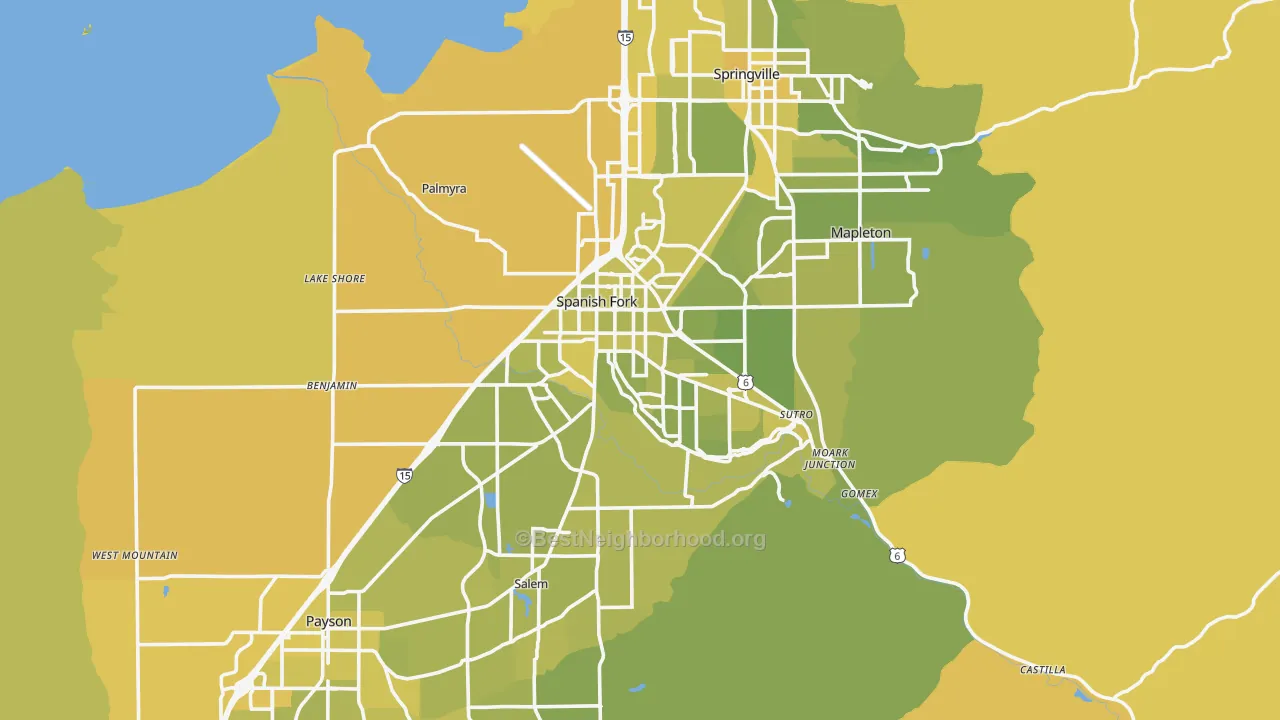 Map of the best neighborhoods in the Spanish Fork area, with better matches in green and worse matches in red