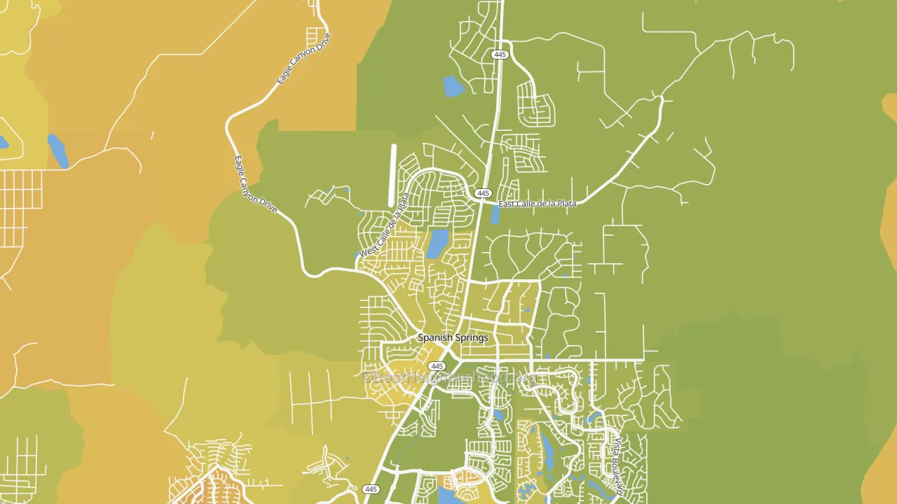 Map of the best neighborhoods in the Spanish Springs area, with better matches in green and worse matches in red