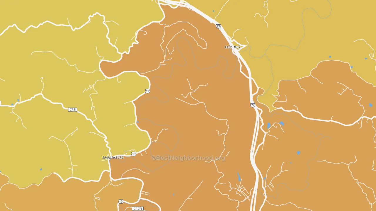 Map of the best neighborhoods in the Spanishburg area, with better matches in green and worse matches in red
