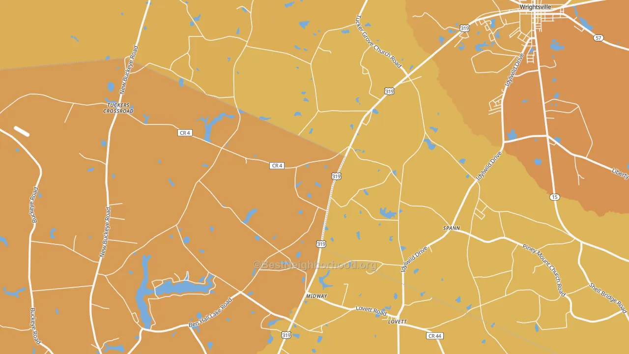 Map of the best neighborhoods in the Spann area, with better matches in green and worse matches in red