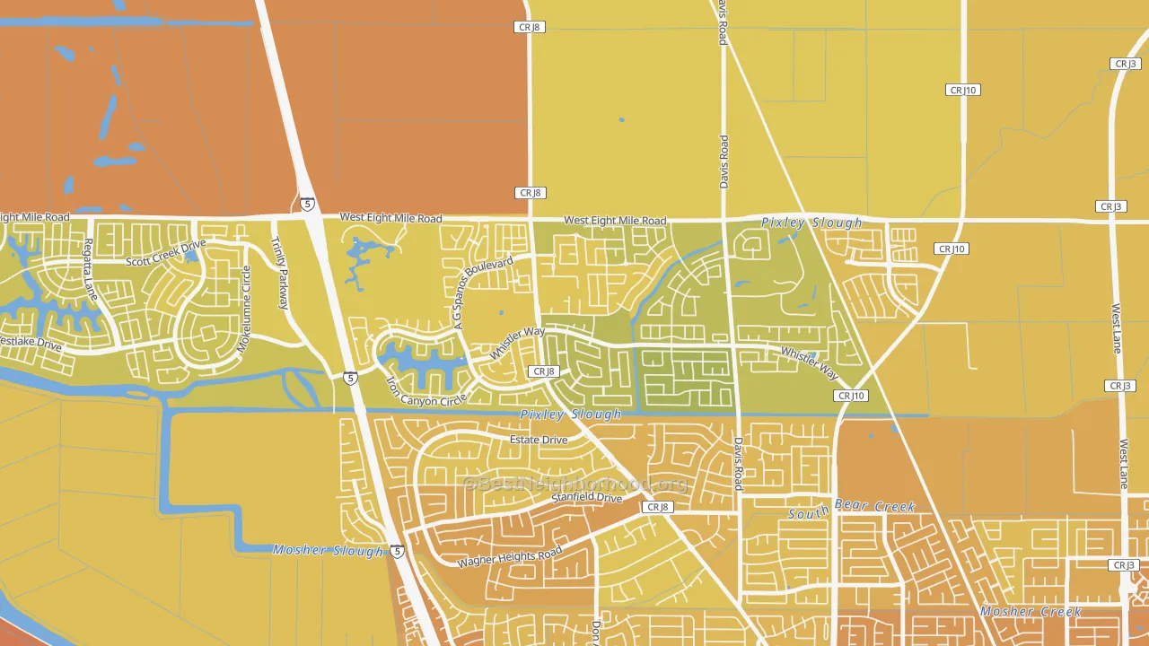Map of the best neighborhoods in the Spanos Park, Stockton area, with better matches in green and worse matches in red