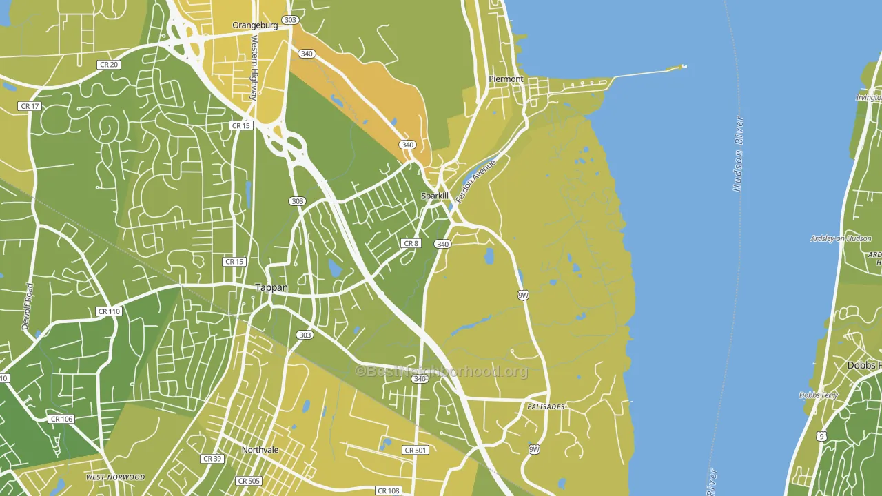 Map of the best neighborhoods in the Sparkill area, with better matches in green and worse matches in red