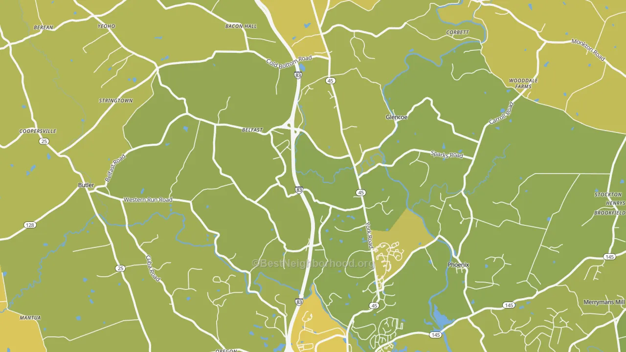 Map of the best neighborhoods in the Sparks Glencoe area, with better matches in green and worse matches in red