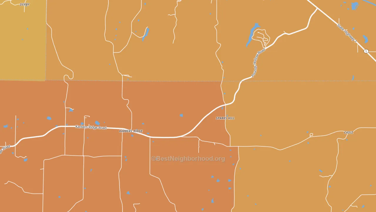 Map of the best neighborhoods in the Sparks Hill area, with better matches in green and worse matches in red