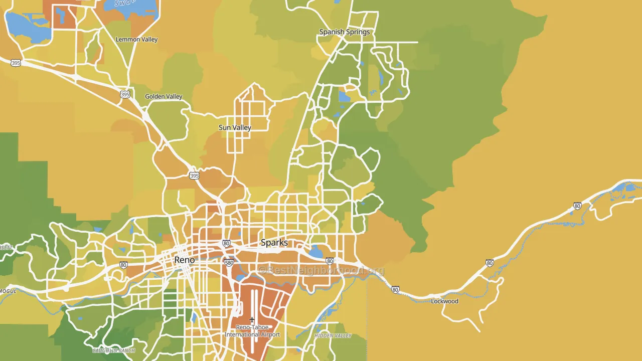 Map of the best neighborhoods in the Sparks area, with better matches in green and worse matches in red