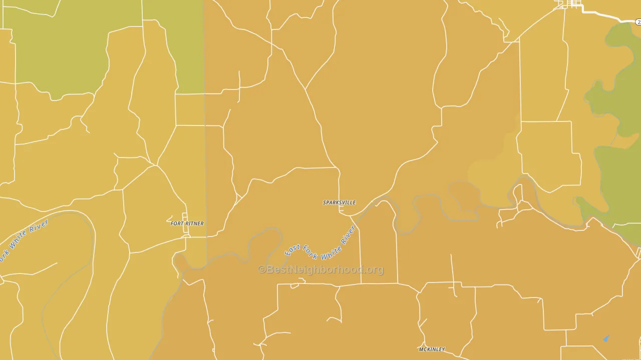 Map of the best neighborhoods in the Sparksville area, with better matches in green and worse matches in red