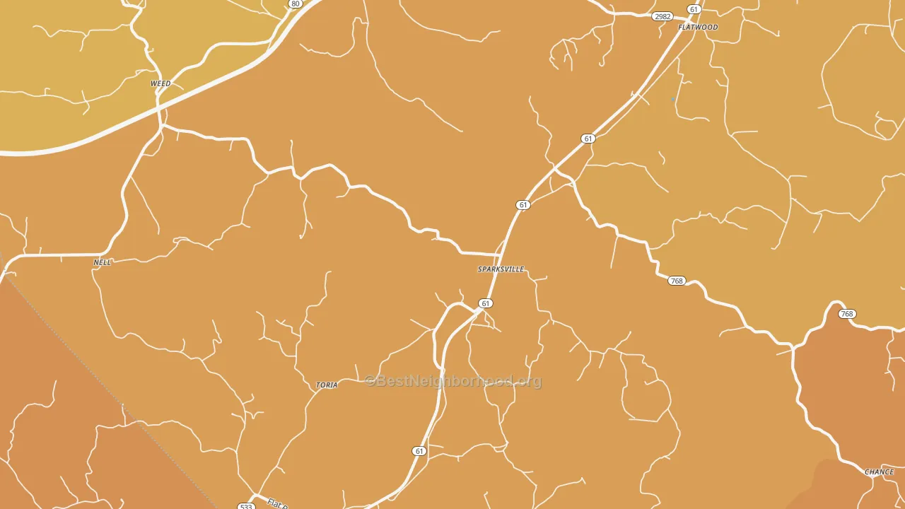 Map of the best neighborhoods in the Sparksville area, with better matches in green and worse matches in red