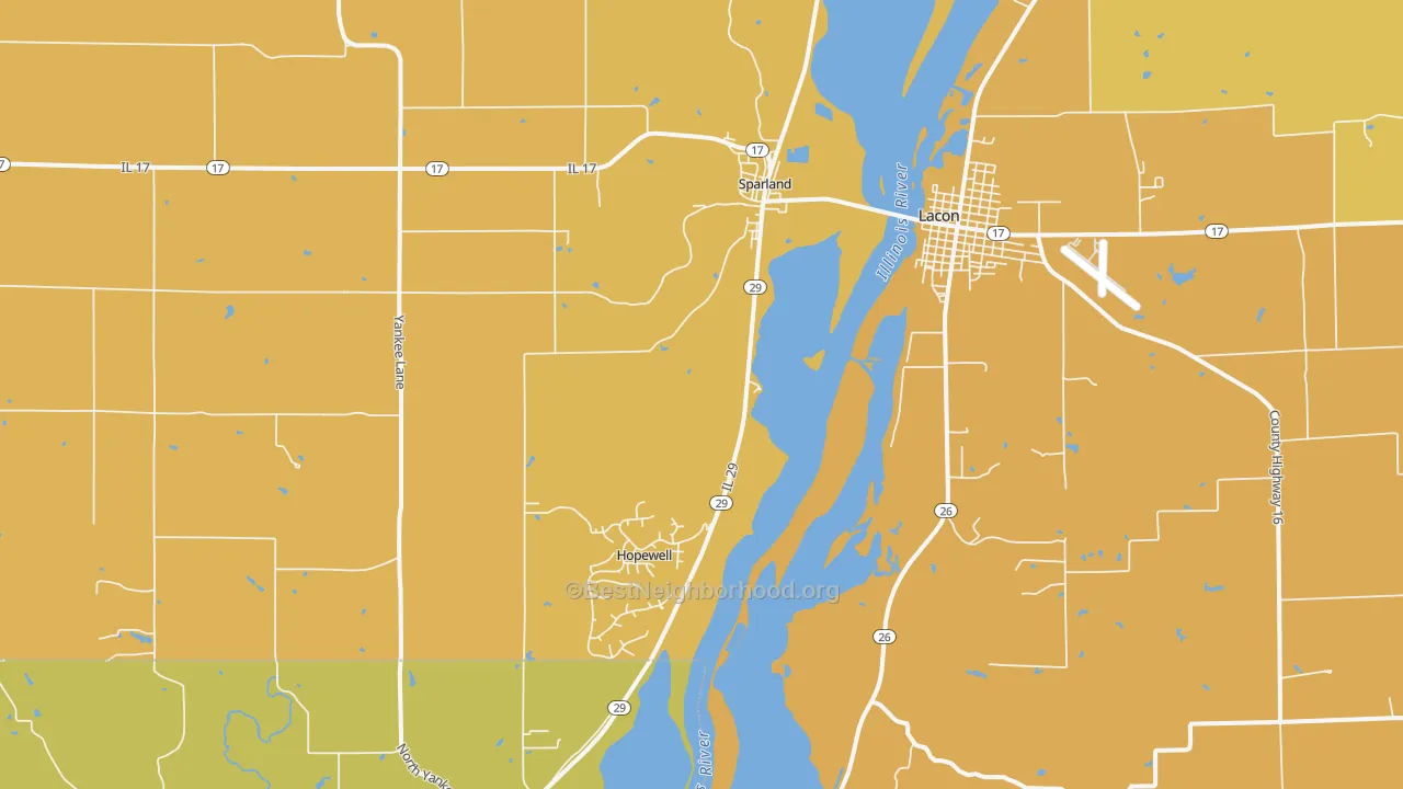 Map of the best neighborhoods in the Sparland area, with better matches in green and worse matches in red