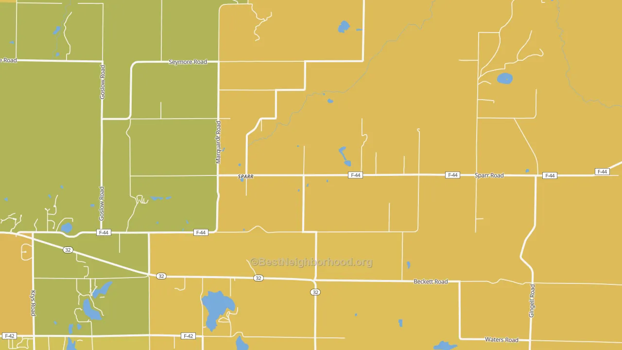 Map of the best neighborhoods in the Sparr area, with better matches in green and worse matches in red