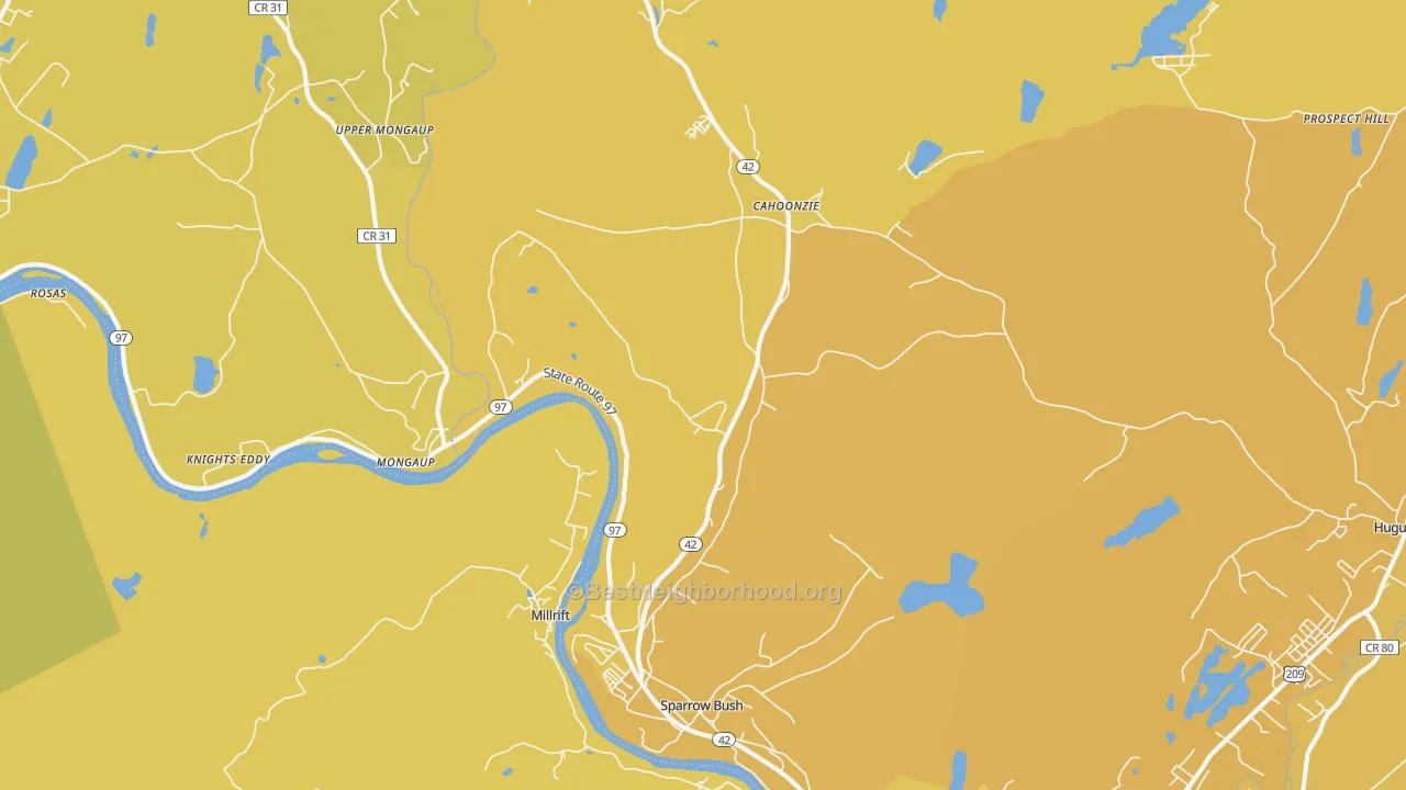 Map of the best neighborhoods in the Sparrow Bush area, with better matches in green and worse matches in red
