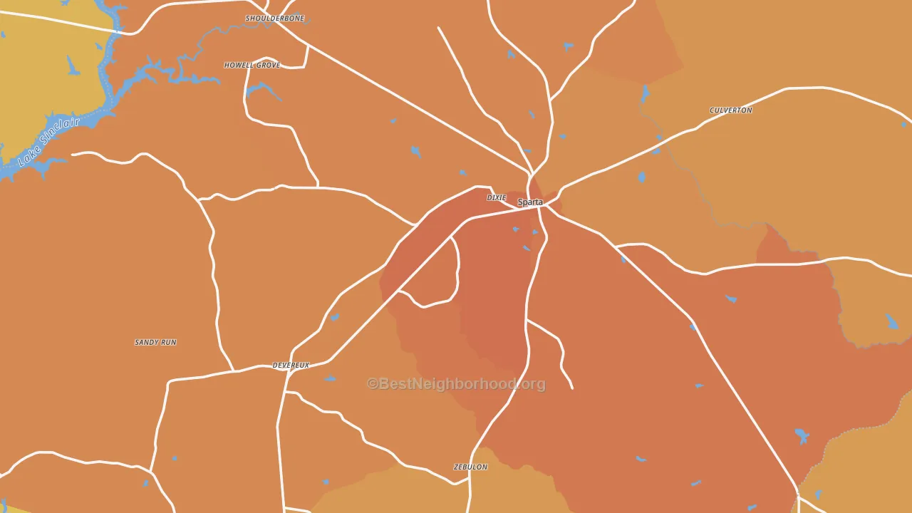 Map of the best neighborhoods in the Sparta area, with better matches in green and worse matches in red