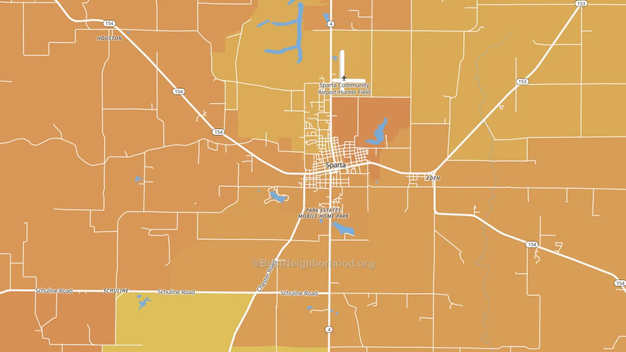 Map of the best neighborhoods in the Sparta area, with better matches in green and worse matches in red