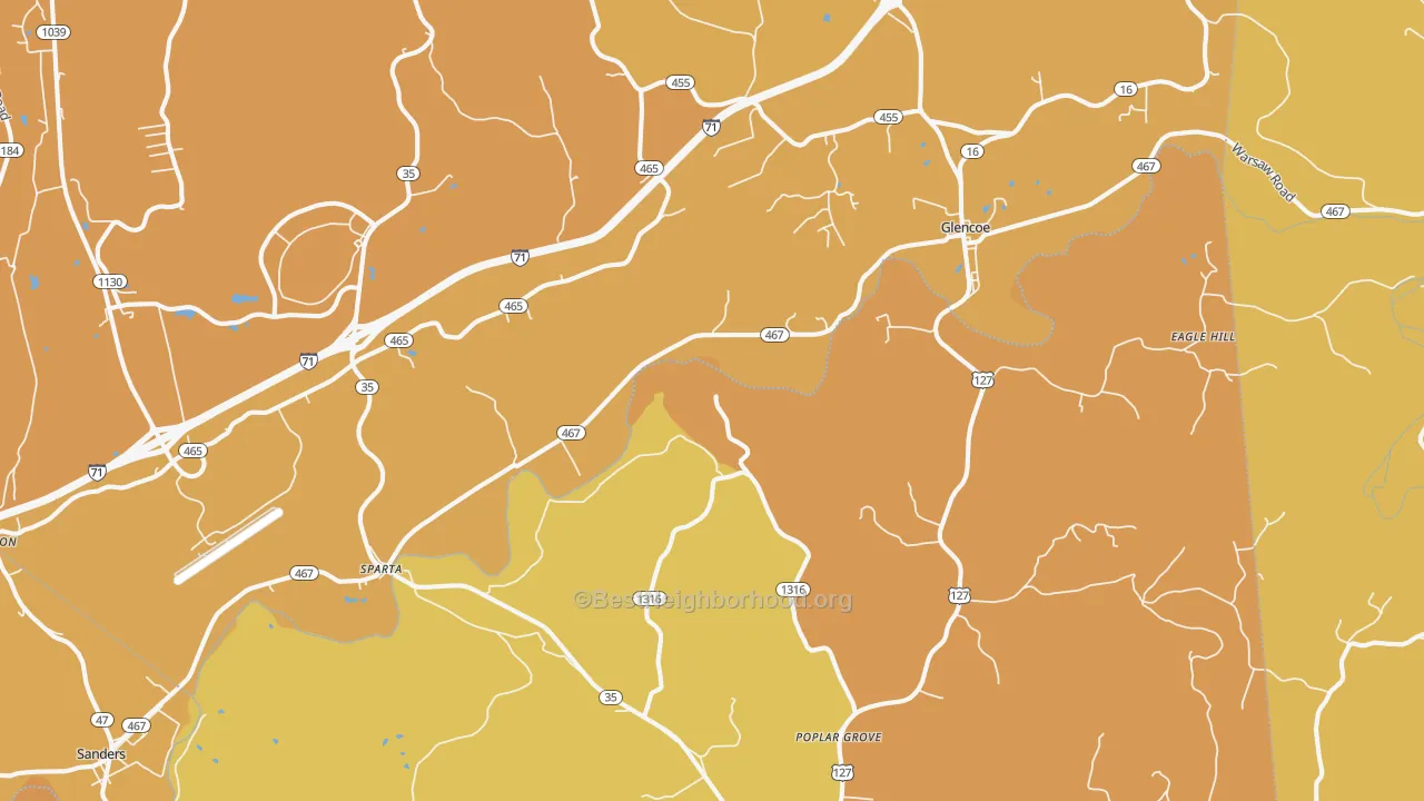 Map of the best neighborhoods in the Sparta area, with better matches in green and worse matches in red