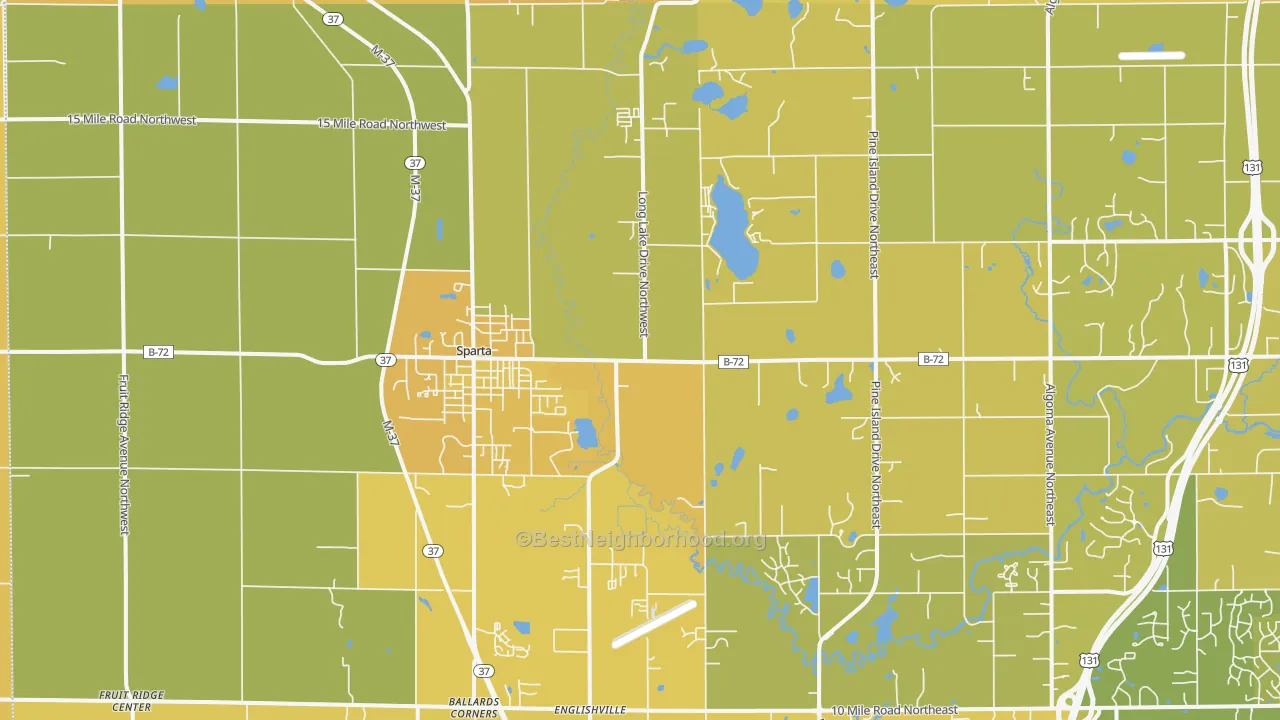 Map of the best neighborhoods in the Sparta area, with better matches in green and worse matches in red