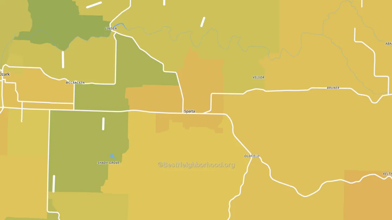 Map of the best neighborhoods in the Sparta area, with better matches in green and worse matches in red