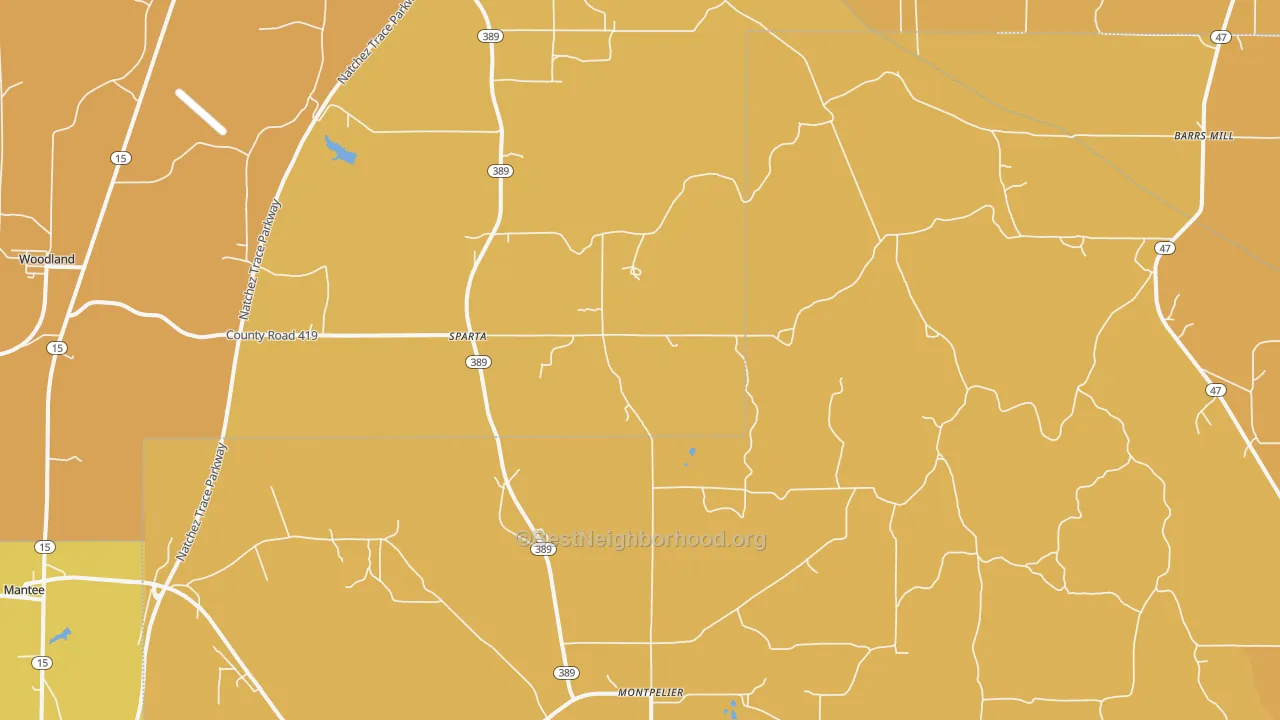 Map of the best neighborhoods in the Sparta area, with better matches in green and worse matches in red