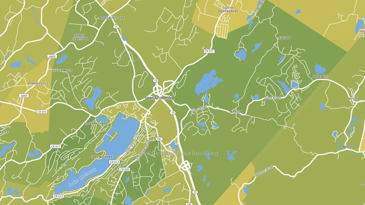 Map of the best neighborhoods in the Sparta area, with better matches in green and worse matches in red