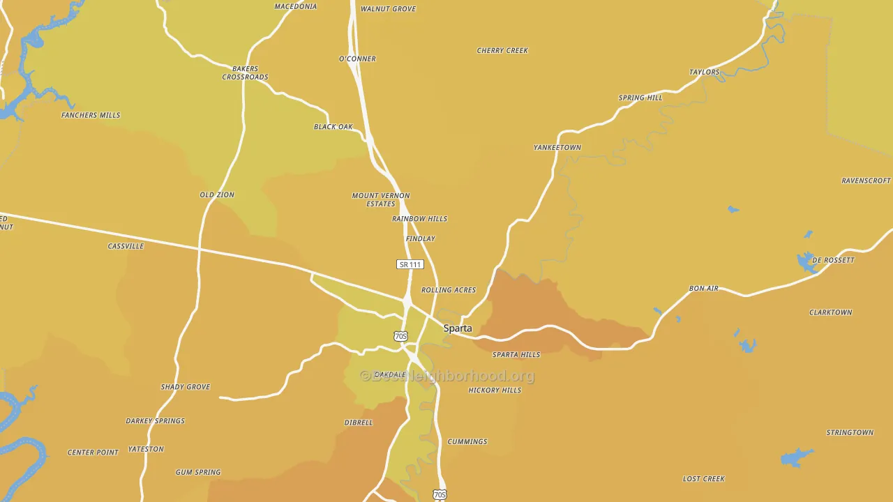 Map of the best neighborhoods in the Sparta area, with better matches in green and worse matches in red