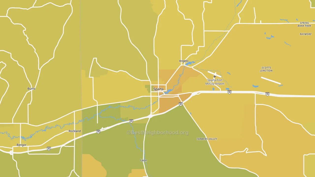 Map of the best neighborhoods in the Sparta area, with better matches in green and worse matches in red