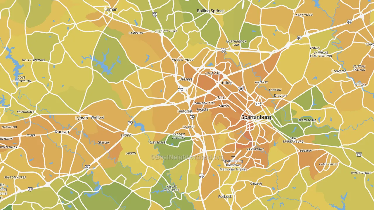 Map of the best neighborhoods in the Spartanburg County area, with better matches in green and worse matches in red