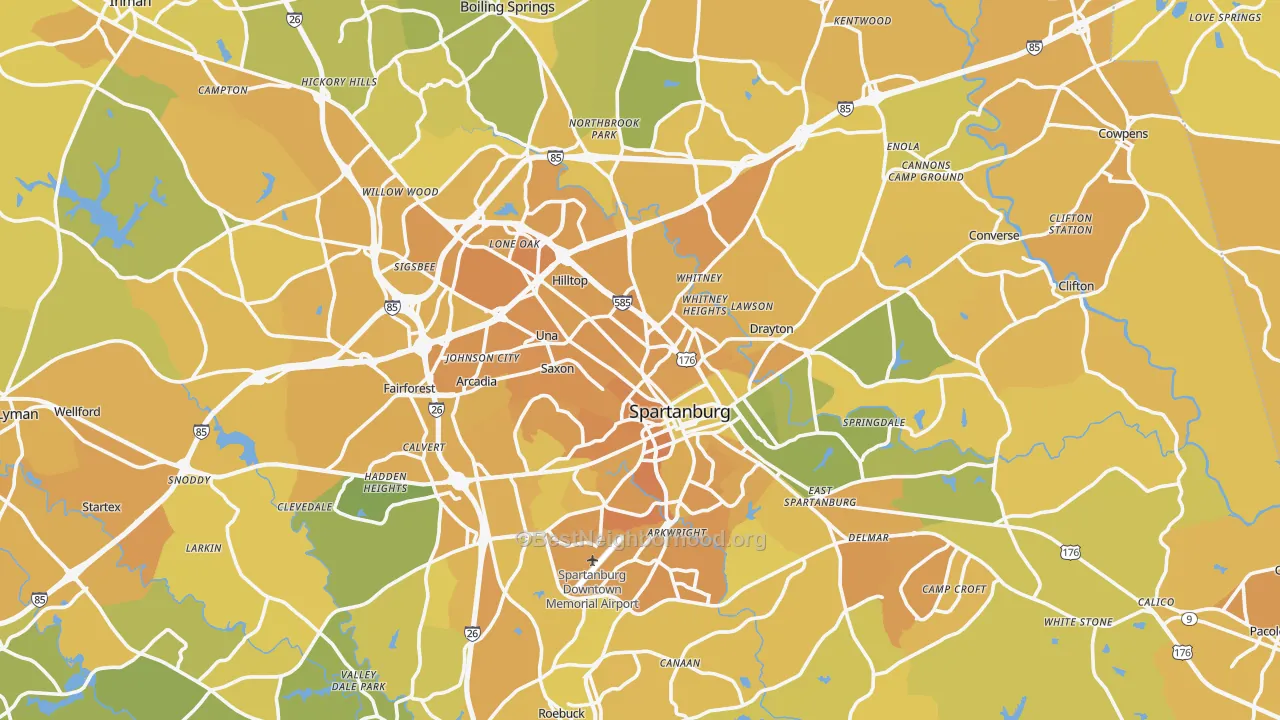 Map of the best neighborhoods in the Spartanburg Metro area, with better matches in green and worse matches in red