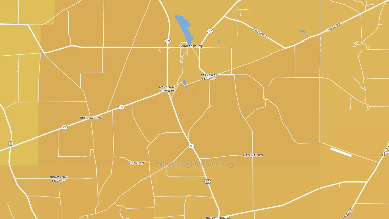 Map of the best neighborhoods in the Spartansburg area, with better matches in green and worse matches in red