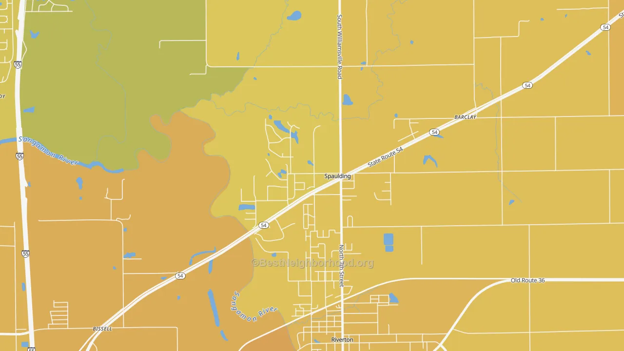 Map of the best neighborhoods in the Spaulding area, with better matches in green and worse matches in red